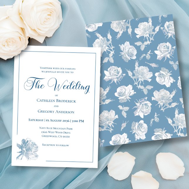Convite Calligraphy Line Art Dusty Blue Floral Wedding (Criador carregado)
