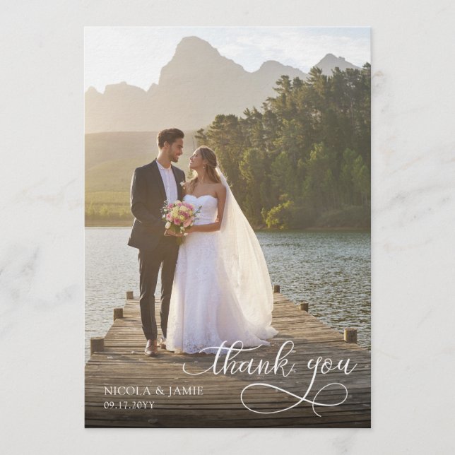 Convite Calligraphy Overlay 2 Wedding Photo Thank You Card (Frente)