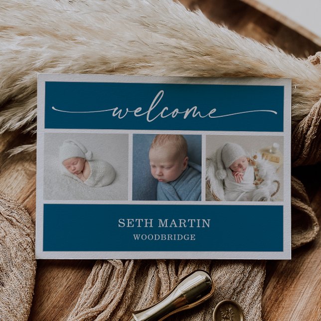 Convite Calligraphy Photo Collage Baby Announcement Card (Criador carregado)