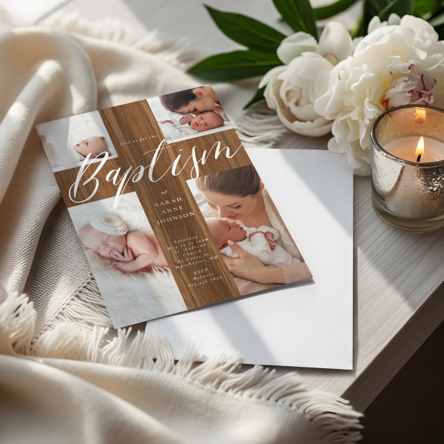 Convite Calligraphy Photo Collage Baby Baptism Wood Cross  (Calligraphy Photo Collage Baby Baptism Wood Cross Invitation)