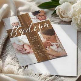 Convite Calligraphy Photo Collage Baby Baptism Wood Cross 