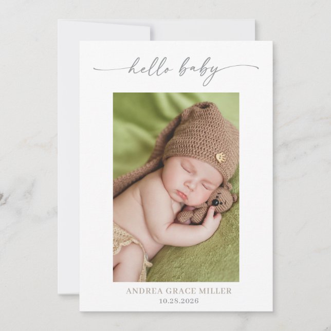 Convite Calligraphy Photo Hello Baby Announcement Card (Frente)