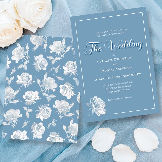 Convite Calligraphy Script Dusty Blue White Floral Wedding (Criador carregado)