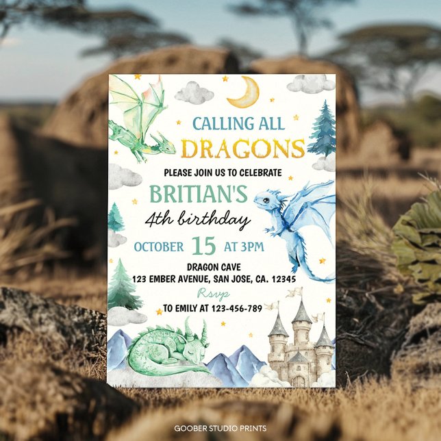 Convite Calling All Dragon Cute Boy Birthday Watercolor (Criador carregado)