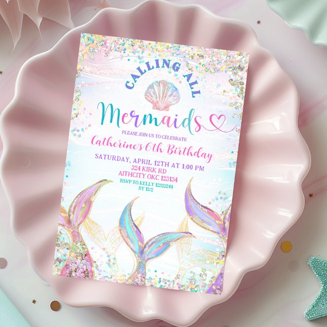 Convite Calling All Mermaids Girl Birthday Invitation. (Criador carregado)