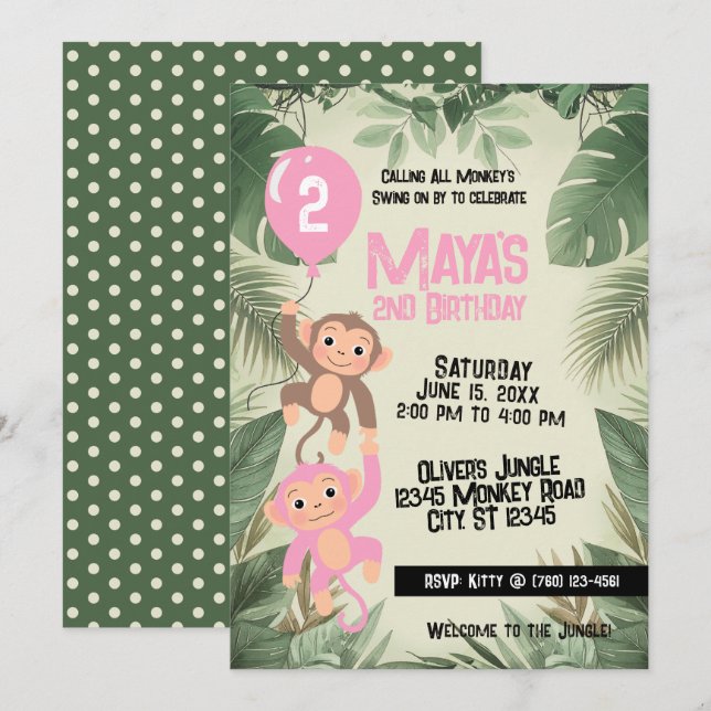 Convite Calling All Monkeys 2nd Birthday Invitation (pink) (Frente/Verso)