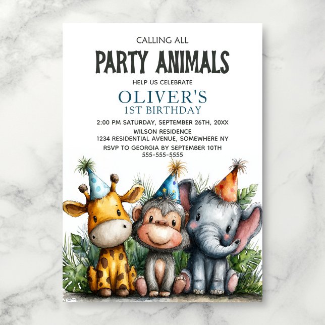 Convite Calling All Party Animals 1st Birthday Party (Criador carregado)