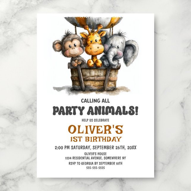 Convite Calling all Party Animals 1st Birthday Party (Criador carregado)