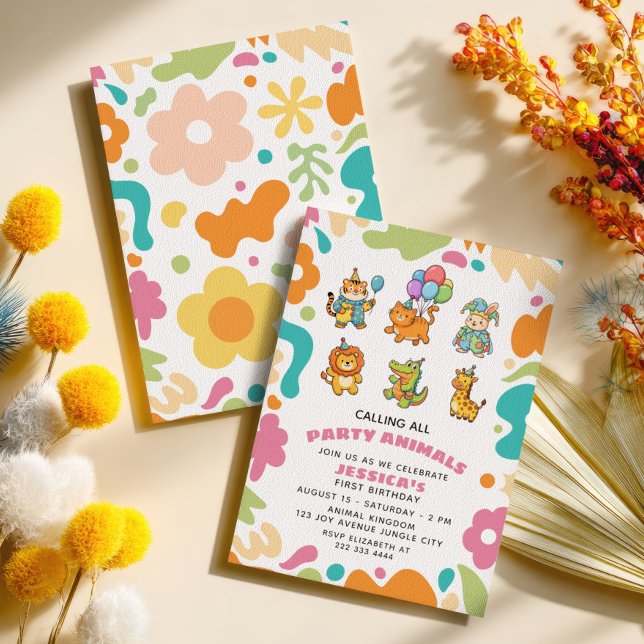 Convite Calling All Party Animals Floral Kids 1st Birthday (Criador carregado)