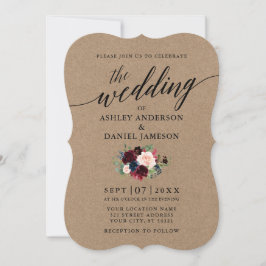 Convite Calliografia Burgundy Blue Floral Kraft Casamento