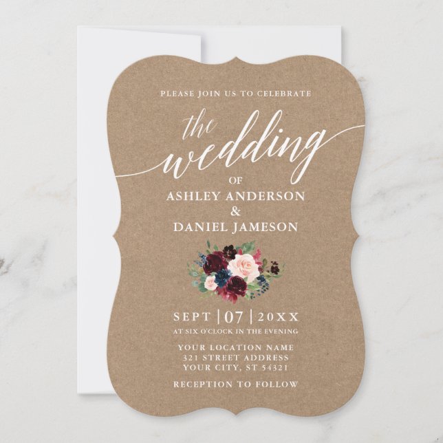 Convite Calliografia Burgundy Blue Floral Wedding Kraft (Frente)