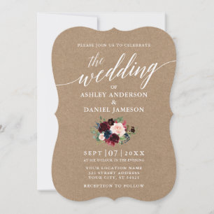 Convite Calliografia Burgundy Blue Floral Wedding Kraft