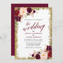 Convite Calliografia Burgundy Casamento Floral Dourado Lit