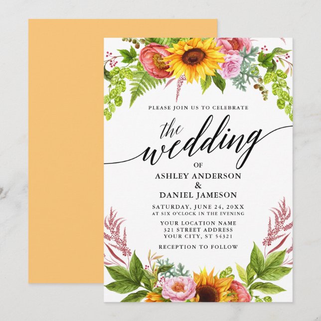 Convite Calliografia de Casamento Girassol Boho Floral (Frente/Verso)