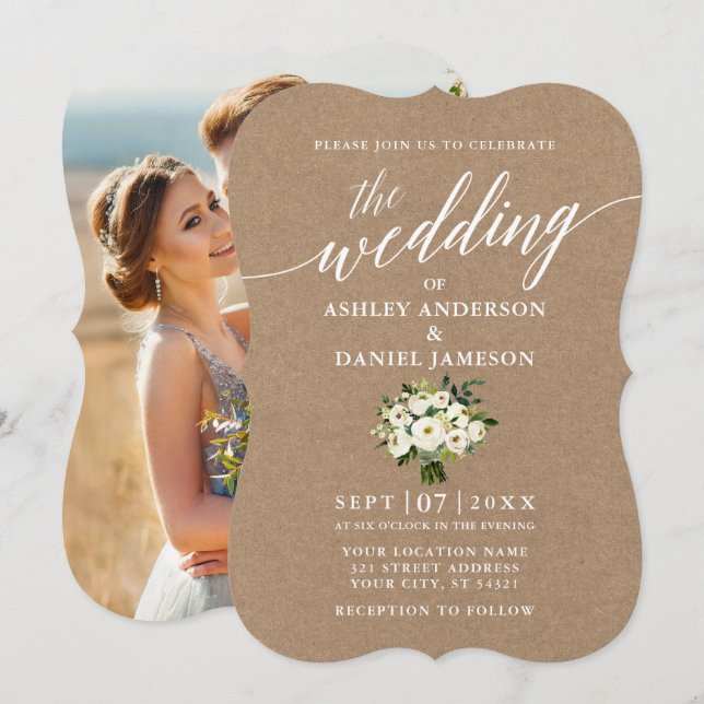 Convite Calliografia Foto Floral de Casamento Floral Verde (Frente/Verso)