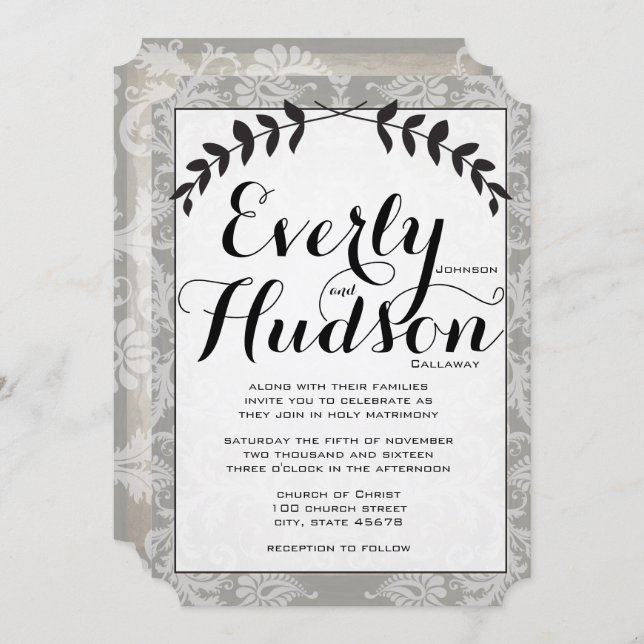 Convite Calliografia Garland Damask Brown Paper Casamento (Frente/Verso)