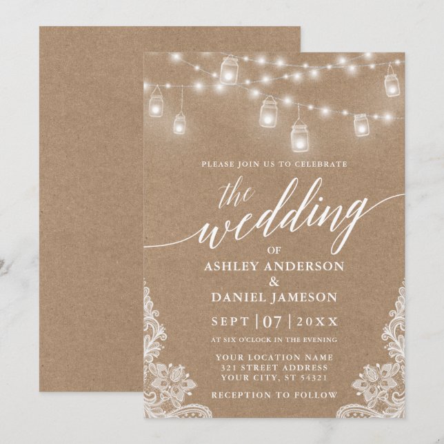 Convite Calliografia: Luzes de Casamento Lace Kraft (Frente/Verso)