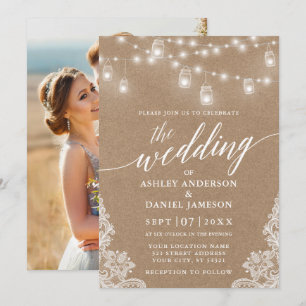 Convite Calliografia: Luzes de Casamento Lace Kraft Foto