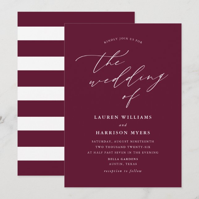 Convite Calliografia Minimalista Burgundy | Casamento (Frente/Verso)