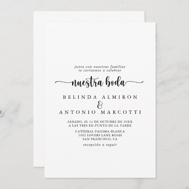 Convite Calliografia Minimalista Nuestra Boda Wedding (Frente/Verso)