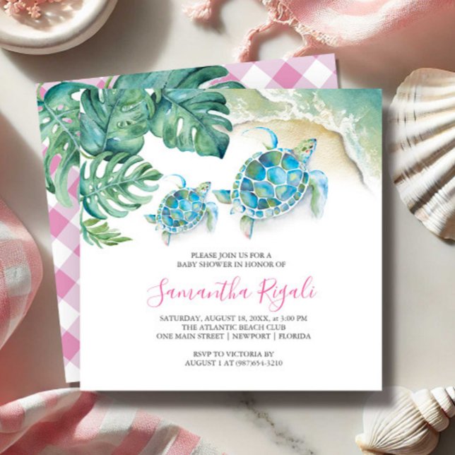 Convite Cama de Bebês Cócitos Invoca Aquarela Tropical (Girl baby shower invitations for sip and see features tropical sea turtle art Victoria Grigaliunas)