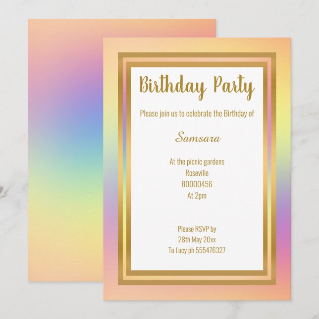 CONVITE CAMADA DE RAINBOW DOURADA TODO ANIVERSÁRIO DE OCAS (Frente/Verso)
