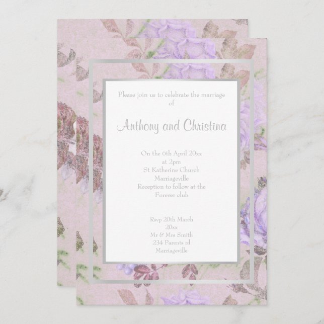 CONVITE CAMADA ROXA LILÁS ROSA FLORAL ELEGANTE CASAMENTO (Frente/Verso)