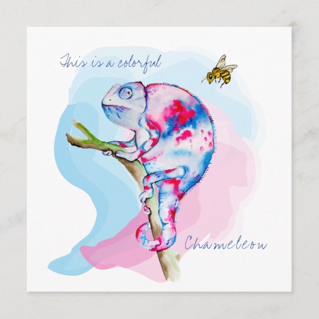 Convite Camaleão e abelha brilhantes em aquarela colorida. (Frente)