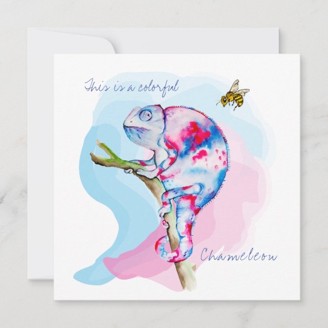 Convite Camaleão e abelha coloridos brilhantes. (Frente)