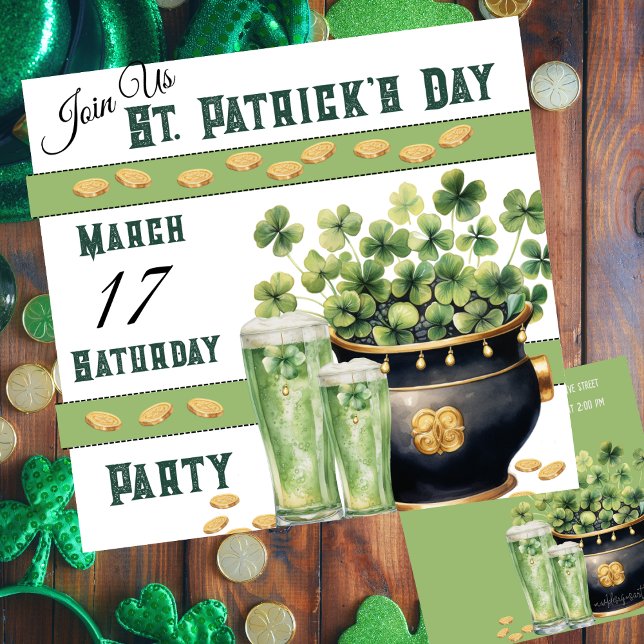 Convite Camarões e Festa do Dia das Cerveja Verde (St Patrick's Day customizable party invitation with green beer and a pot of Irish gold. )