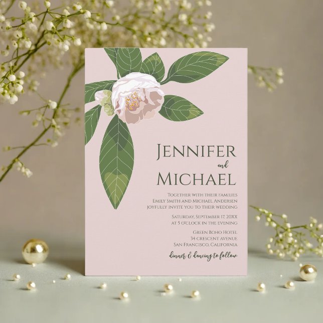 Convite Camellia e Greenery Casamento Elegante Simples (Camellia and Greenery Simple Elegant Wedding Invitation)