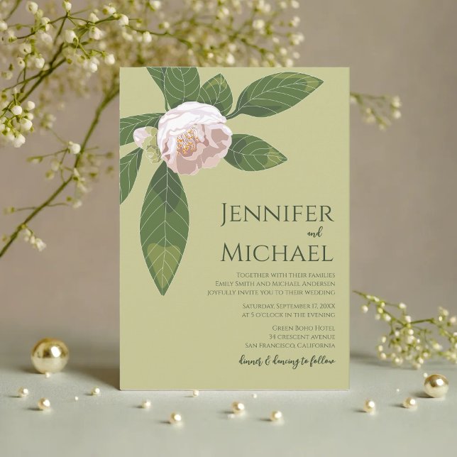 Convite Camellia e Greenery Casamento Elegante Simples (Camellia and Greenery Simple Elegant Wedding Invitation)