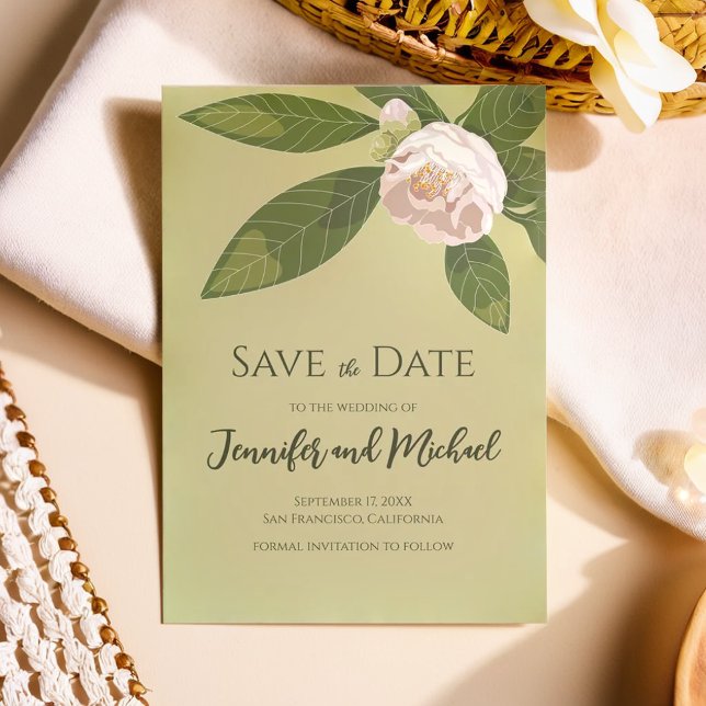 Convite Camellia e Greenery Simples Elegante Salvem a Data (Camellia and Greenery Simple Elegant Save the Date Invitation)