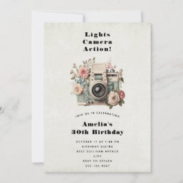 Convite Câmera com Imagem Retro Pastel de Flores Aniversár