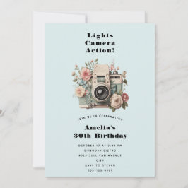 Convite Câmera com Imagem Retro Pastel de Flores Aniversár