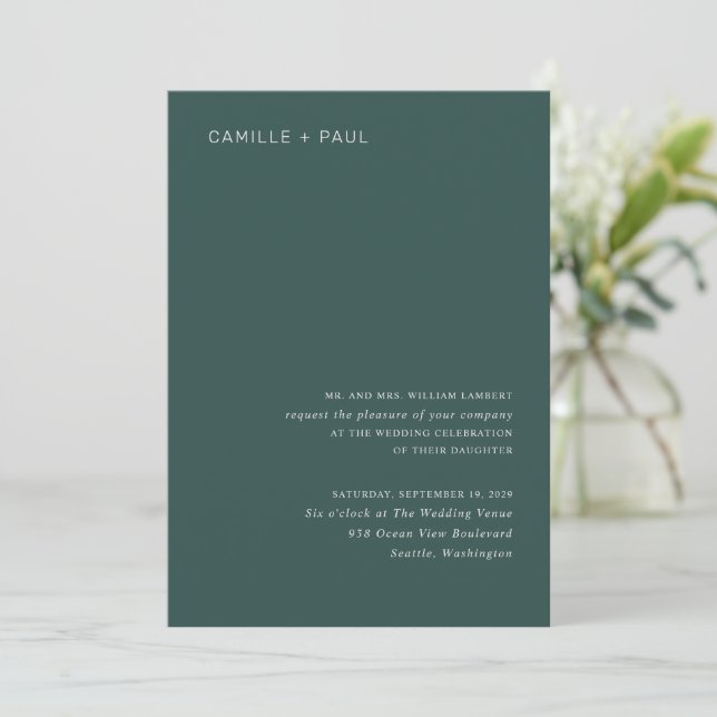 Convite Camille Pine Green Modern Wedding (Em pé/Frente)