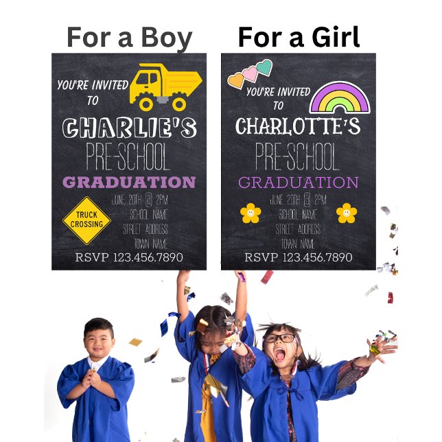 Convite Caminhão Atravessando Quadro Negro Graduação Pré-E (Kids preschool kindergarten graduation invitations for a boy or a girl.)