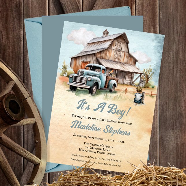 Convite Caminhão Azul Antigo | Churrasco de Bebê Fazendeir ("It's A Boy!" Rustic Barn and Vintage Truck Boy Baby Shower Invitation)