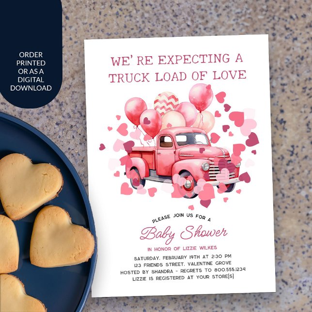 Convite Caminhão Carregado de Chá de fraldas Rosa de Namor (Valentine Baby Shower Invitation with pink vintage truck and love hearts)