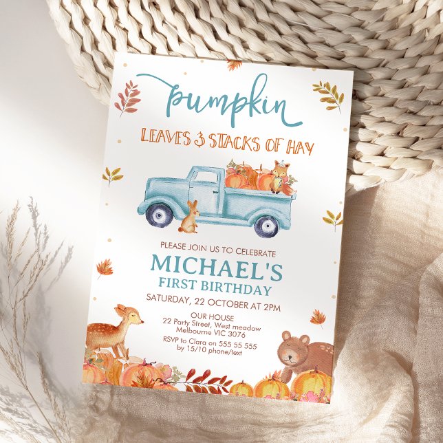 Convite Caminhão de Abóbora de Outono Marrom Rústico Anive (Fall Pumpkin Truck First Birthday Invitation Template Printable Pumpkins Leaves and Stacks Hay )