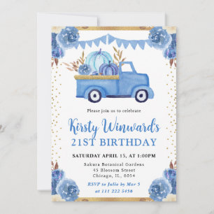 Convite Caminhão de Abóbora Floral Dourado Azul Aniversári