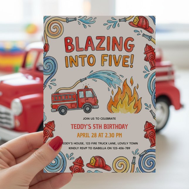 Convite Caminhão de Bombeiros em Chamas para o 5º Aniversá (Blazing into Five Five 5th  birthday party invitation with red fire truck and firefighter theme)