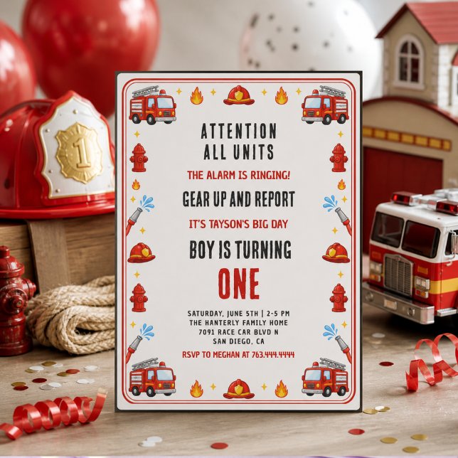Convite Caminhão de Bombeiros Vermelho e Branco Festa de 1 (Red and White Firetruck 1st Birthday Party Invitation
)