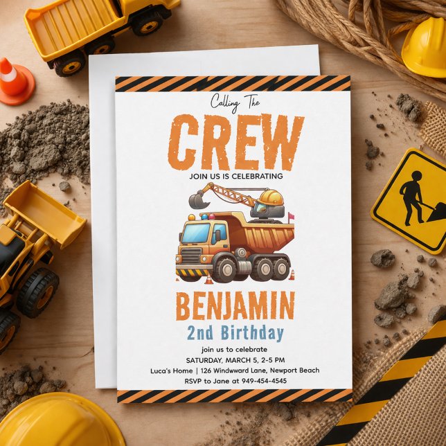 Convite Caminhão de Construção da Equipe de Obras Menino A (Construction Crew Dump Truck Boy 2nd Birthday Invitation
)