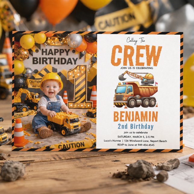 Convite Caminhão de Construção Menino da Equipe de Constru (Construction Crew Dump Truck Boy 2nd Birthday Invitation
)