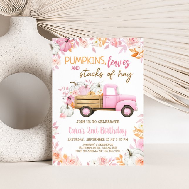 Convite Caminhão de Pumpkin Rosa Cai Aniversário (Girl Pumpkin Truck Fall Birthday Invitation)