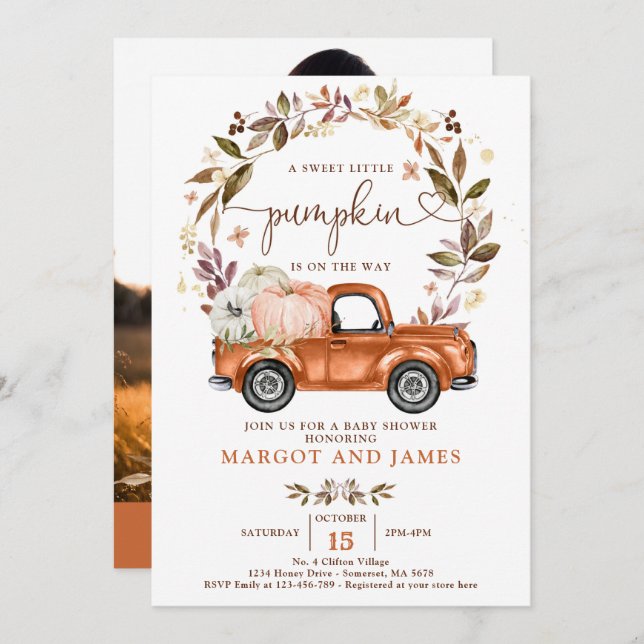 Convite Caminhão de Pumpkin Russo - Chá de fraldas Laranja (Frente/Verso)