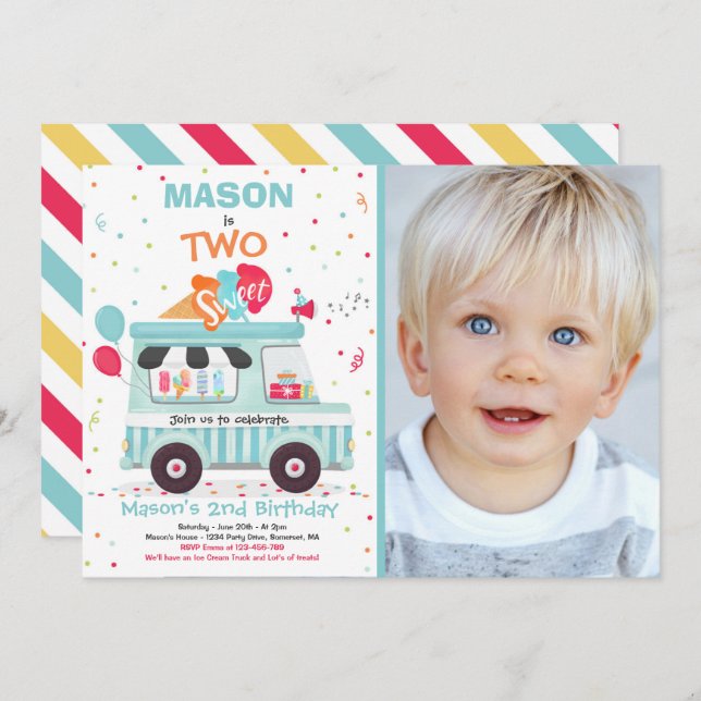 Convite Caminhão do Sorvete Sorvete Dois segundos aniversá (Frente/Verso)