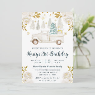 Convite Caminhão Floral Branco e Dourado de Aniversário de
