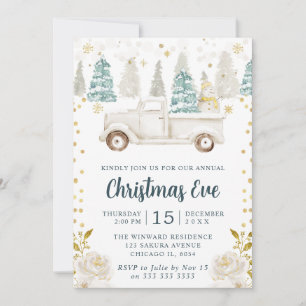 Convite Caminhão Floral Branco e Dourado de Natal à Noite
